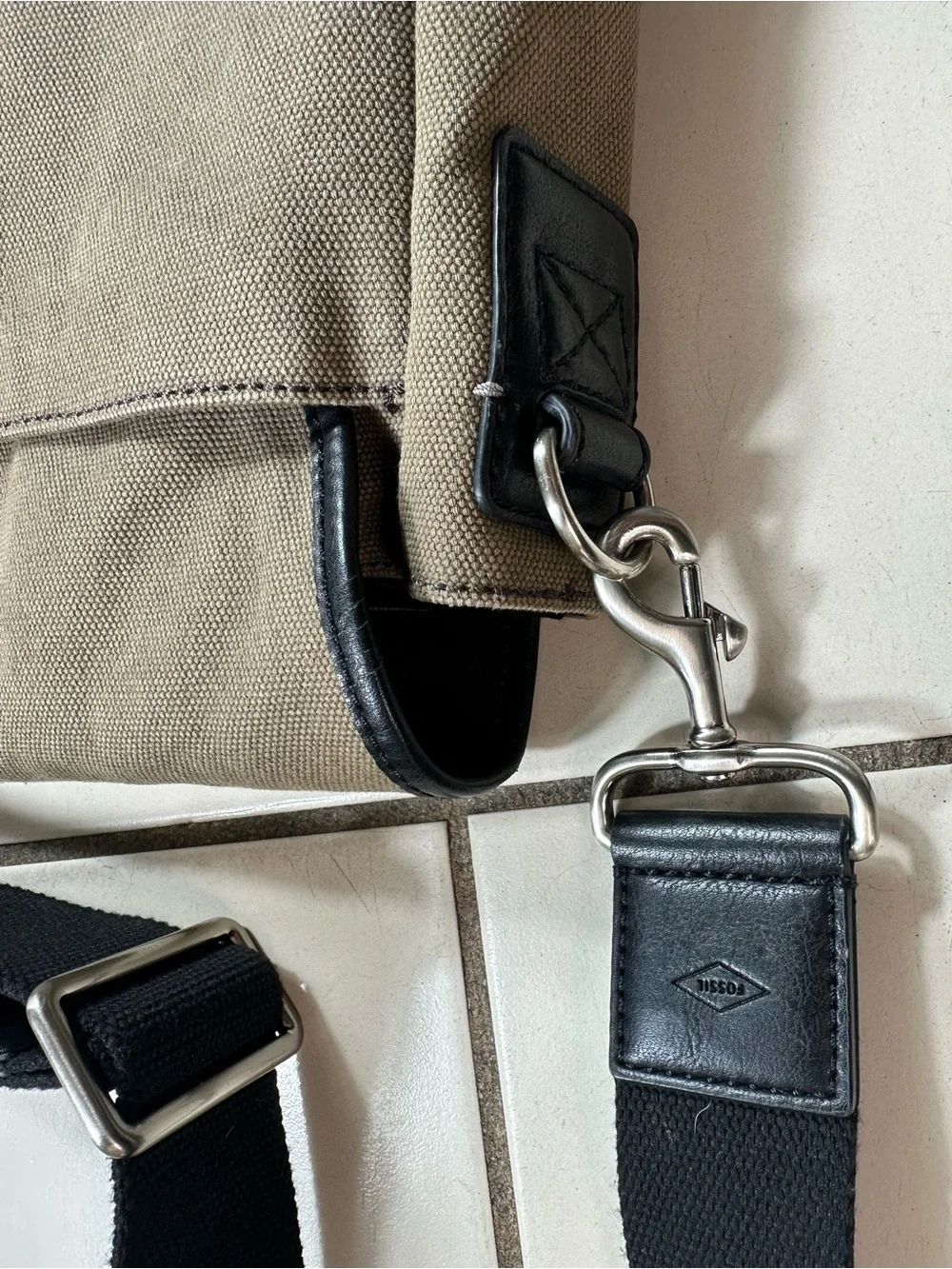 Fossil Tan Canvas Messenger Bag with Black Trim